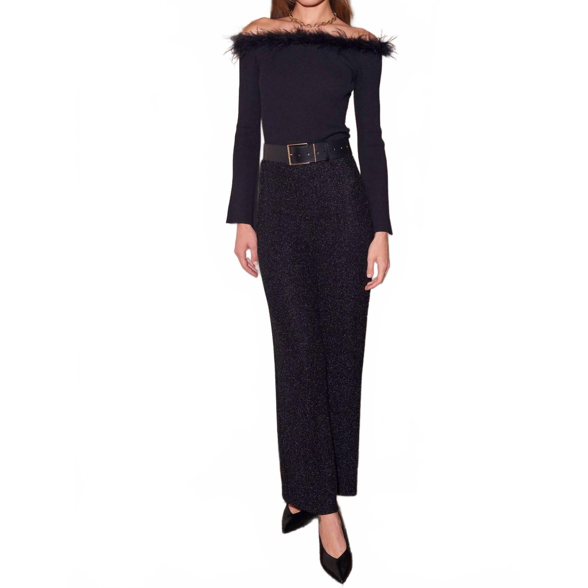 New Skies Are Blue Donna Summer Lurex Metallic Wide Leg Shimmer Pants In Black